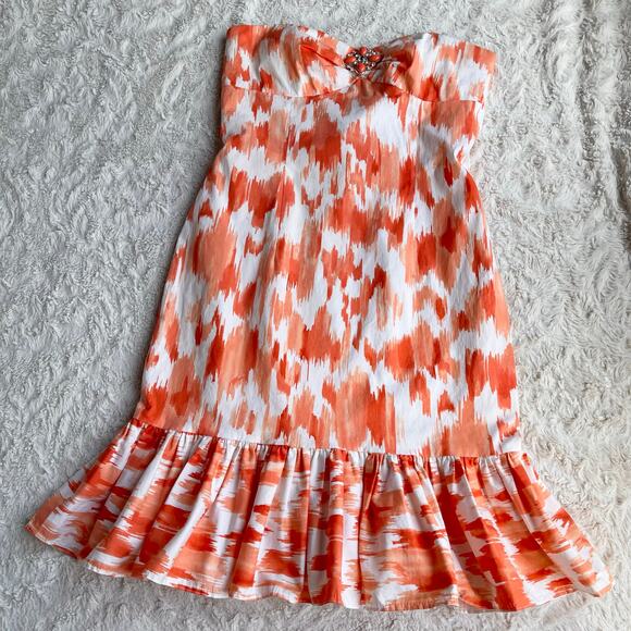 Cache strapless coral orange abstract print mini dress ruffle hem Y2K vintage 4 - Picture 12 of 16